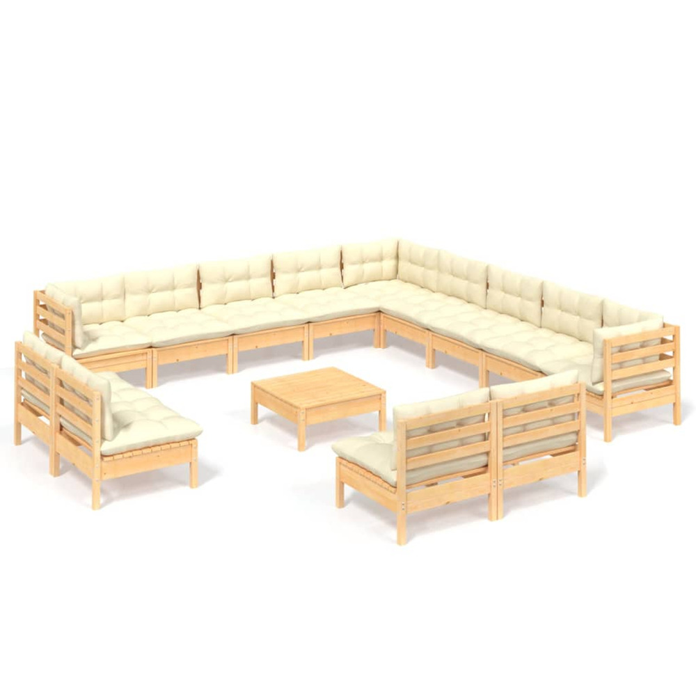Salon de jardin 14 pcs avec coussins crème bois de pin solide