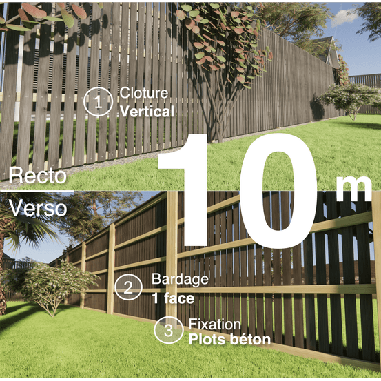 Kit clôture bois moderne 10m – h 2,3m – 20 x 70 mm noir par trempage – pose vertical – simple face – à sceller