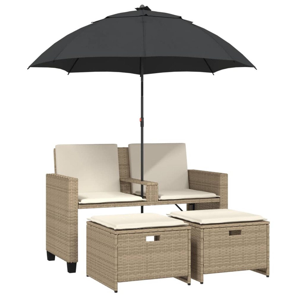 Canapé de jardin 2 places avec parasol et tabourets beige rotin