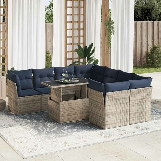 Salon de jardin avec coussins 9 pcs gris résine tressée acacia