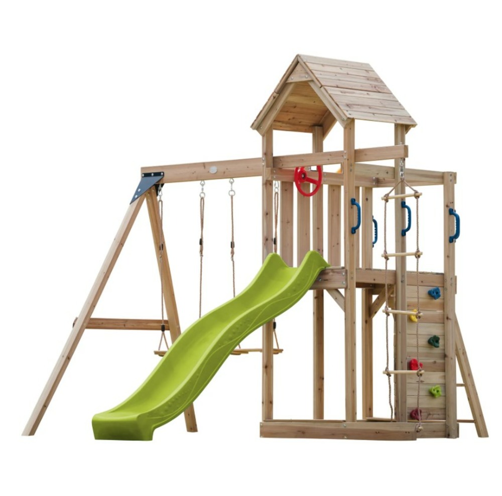 Portique moos 2 balançoires + échelle toboggan vert citron