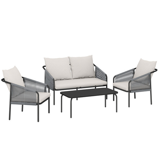 Ensemble salon de jardin 4 pièces en polyrotin, canapé 2 places, 2 fauteuils et table basse, coussins amovibles