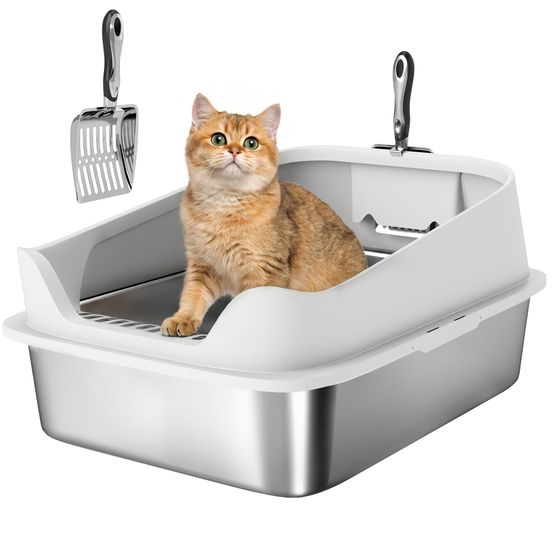 Bac à litière chat xl acier inoxydable 60,2 x 40,2 x 29,7 cm gris bords hauts