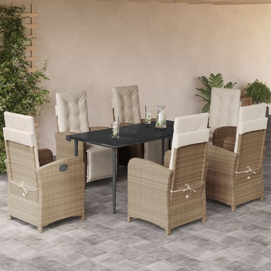 Ensemble à manger de jardin et coussins 7 pcs beige poly rotin
