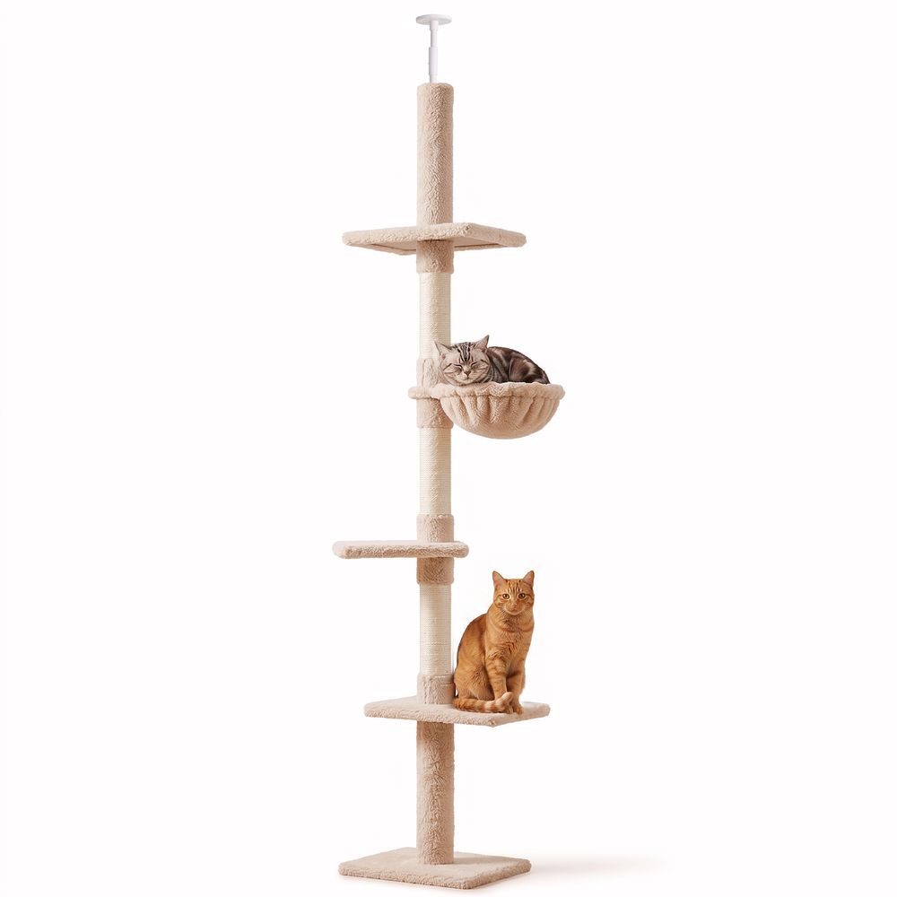 Arbre à chat plafond réglable peluche sisal escalade repos griffoir 40x34x260cm beige