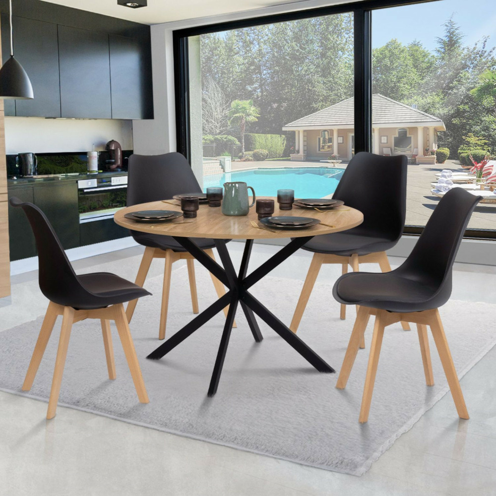 Ensemble table à manger ronde alix 110 cm bois et noir et 4 chaises sara noires