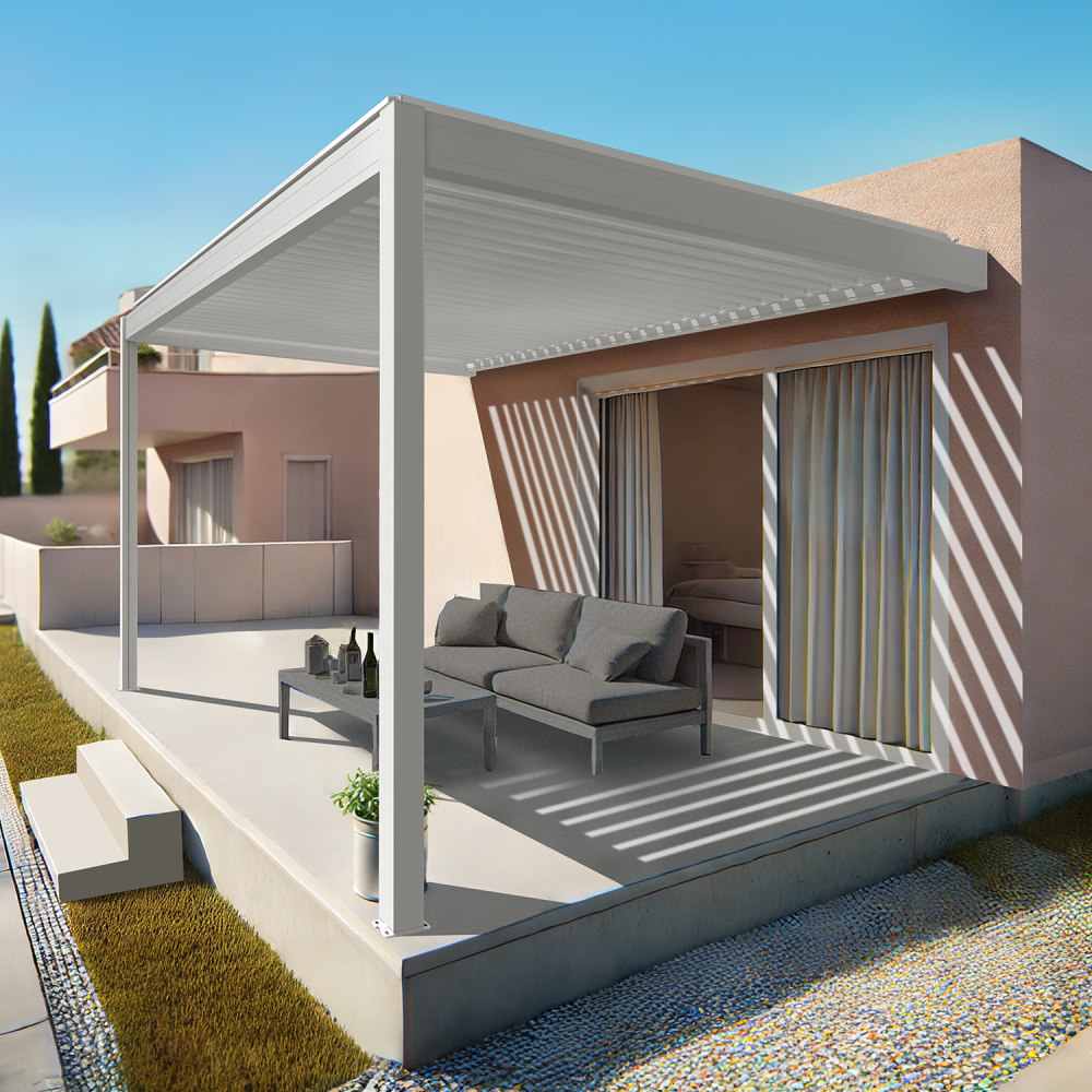 Pergola bioclimatique xenon perpendiculaire (vérin à télécommande - blanc - 3,584 x 3,00m)