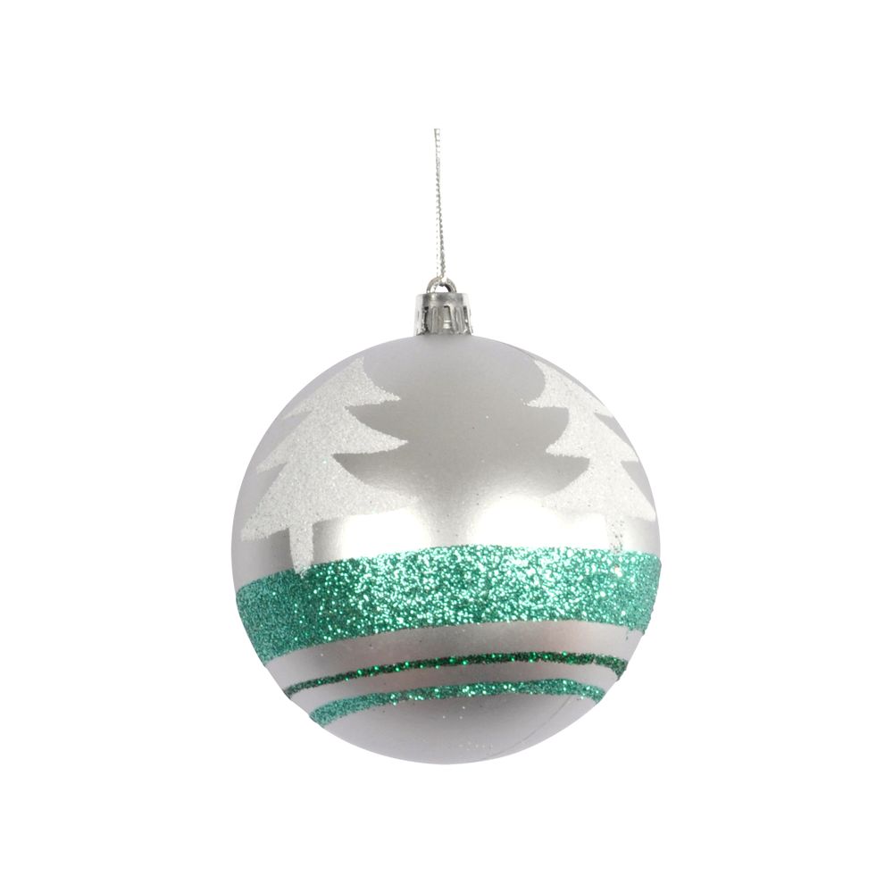 Boule de noël décorée sapins argent 8 cm