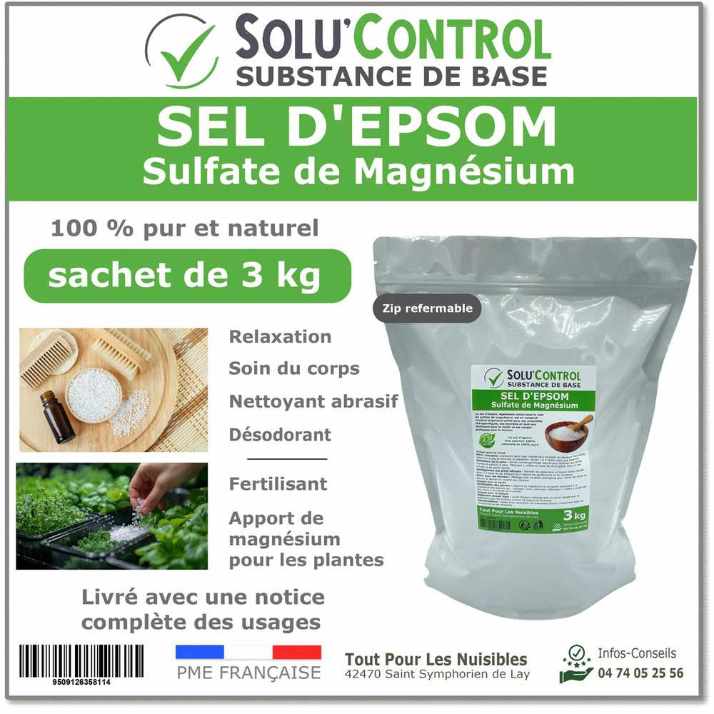 Sel d'epsom 3 kg - solu'control - soin du corps, fertilisation et apport en magnésium pour plantes 100 % naturel