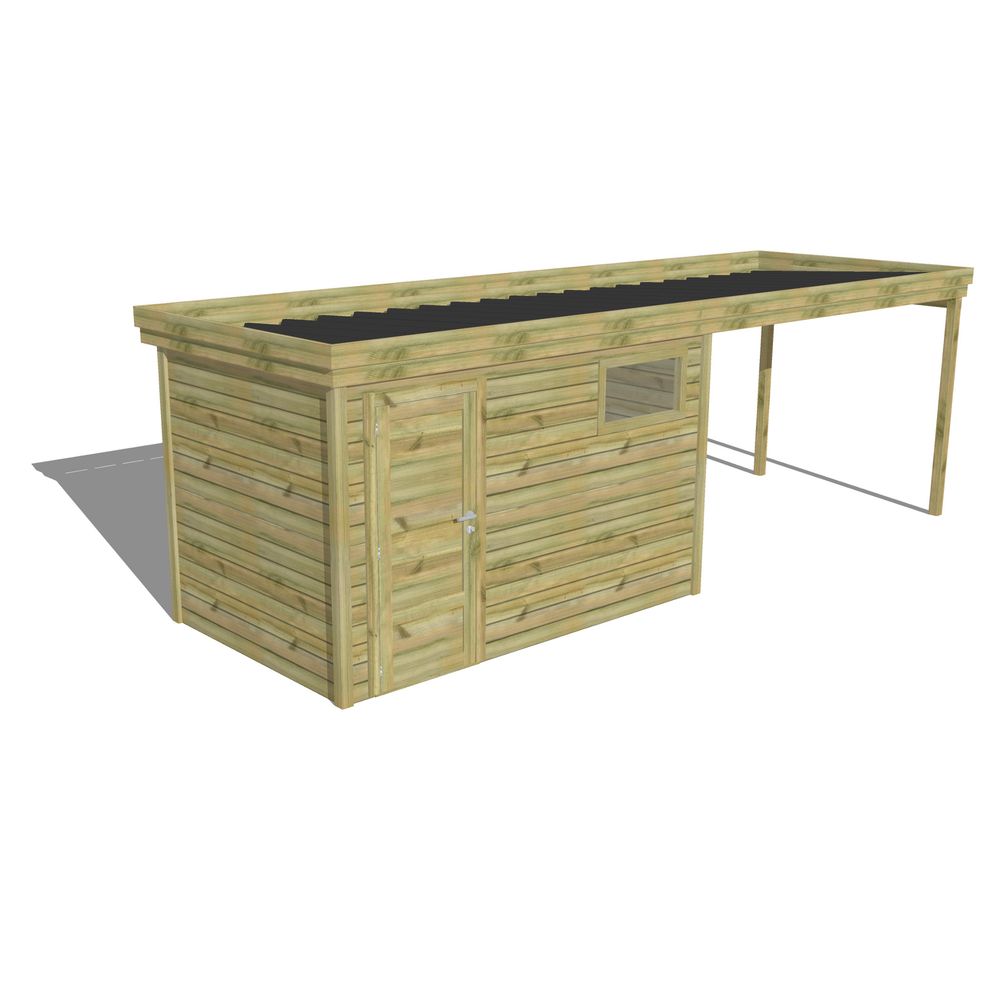 Abri de jardin bois 15 m² - pin autoclave 27 mm - 6,94 x 2,14 m - porte simple pleine, 1 fenêtre, extension de toiture
