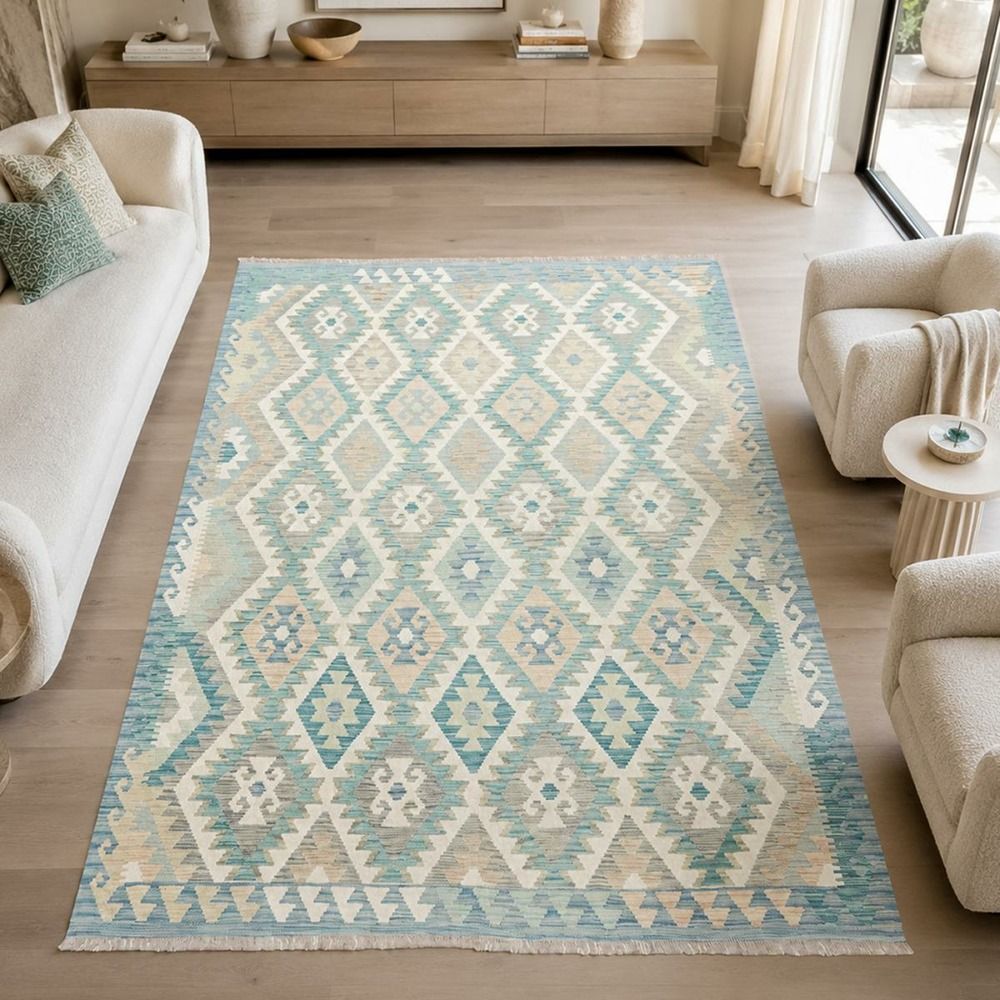 Tapis kilim 175 x 242 cm, bleu, beige, crème, laine naturelle, kilim 62