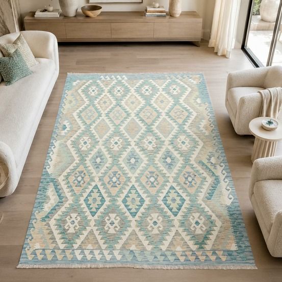 Tapis kilim 175 x 242 cm, bleu, beige, crème, laine naturelle, kilim 62
