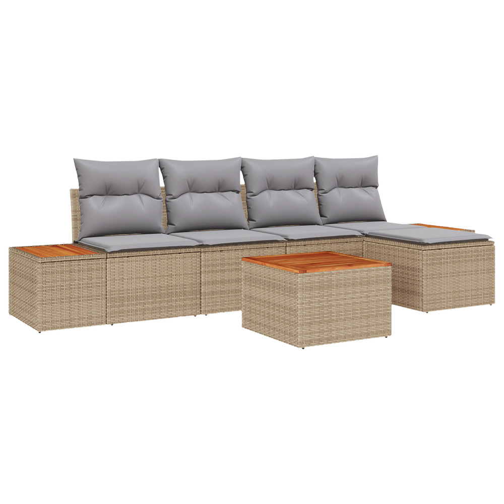 Set de canapé de jardin de 6 pièces avec coussins beige poly rattan acacia