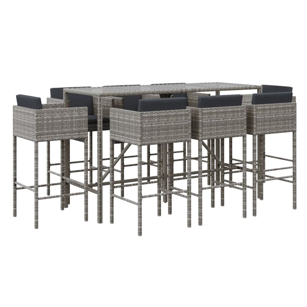 Ensemble de bar de jardin 9 pcs avec coussins gris poly rotin