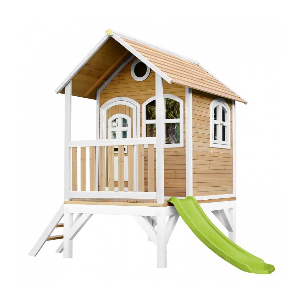 Maisonnette pour enfants axi tom en bois brun et blanc avec toboggan citron vert