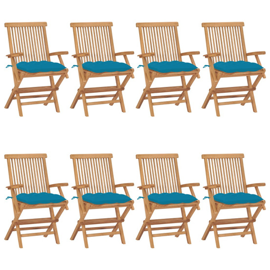 Chaises de jardin avec coussins bleu clair lot de 8 teck massif