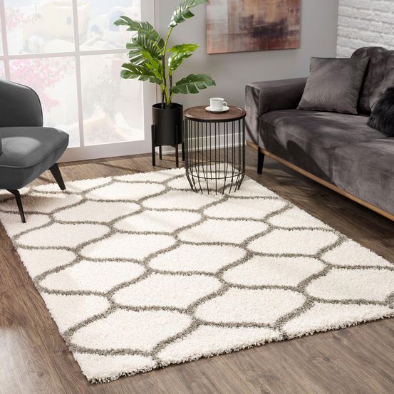 Tapis longs poils shaggy 160x230 rectangle tissé crème motif scandinave