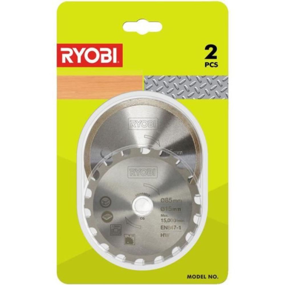 - kit 2 lames (1 lame pour bois/métal et 1 lame carrelage) 85 mm - alésage 15 mm pour scie multi-matériaux r18mms - rak