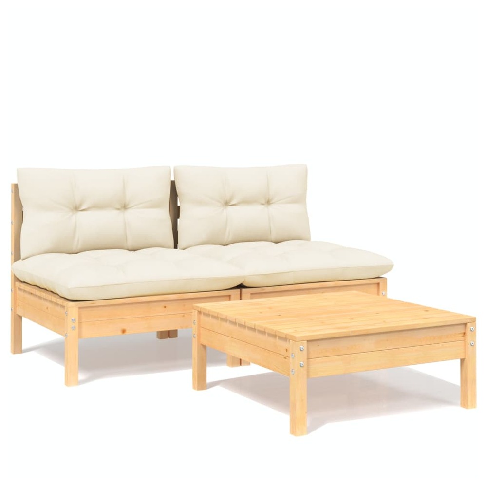 Salon de jardin meuble d'extérieur ensemble de mobilier 3 pièces avec coussins crème bois de pin