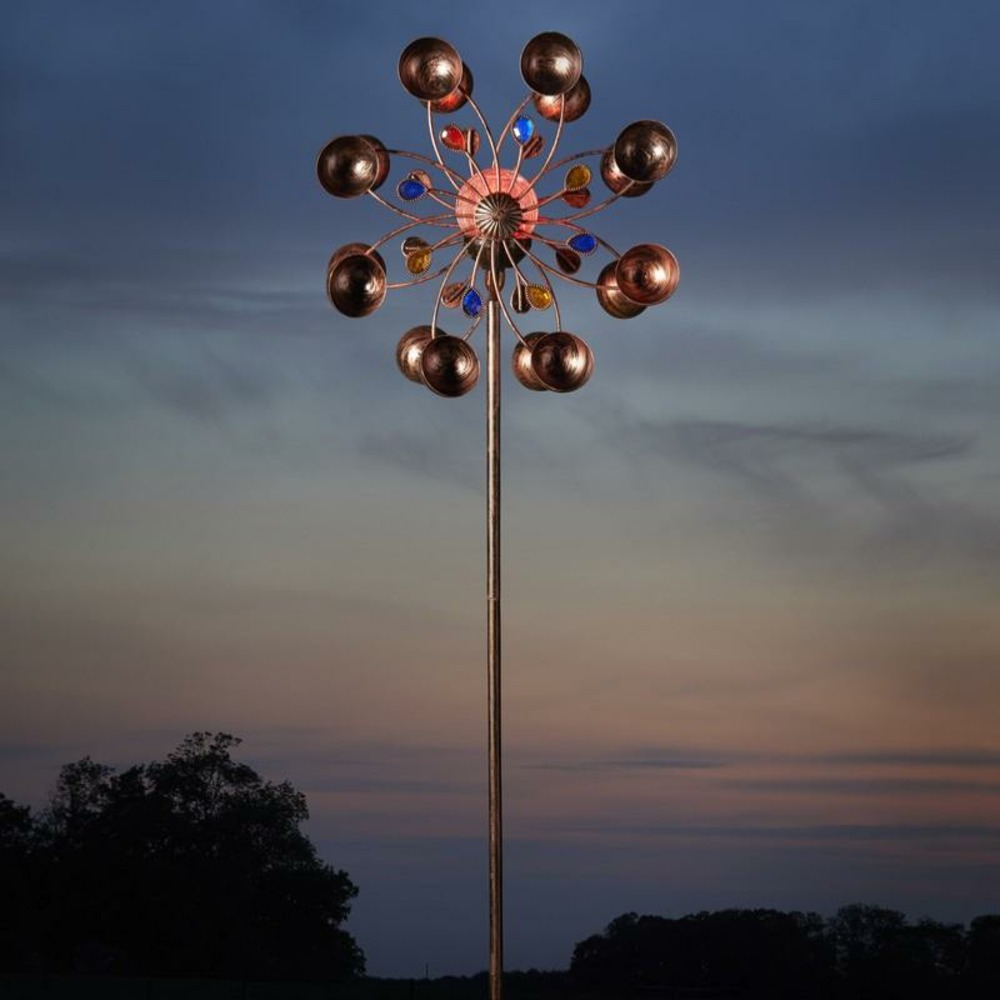 Girouette éolienne venti en métal peint bronze globe solaire lumineux verre craquelé