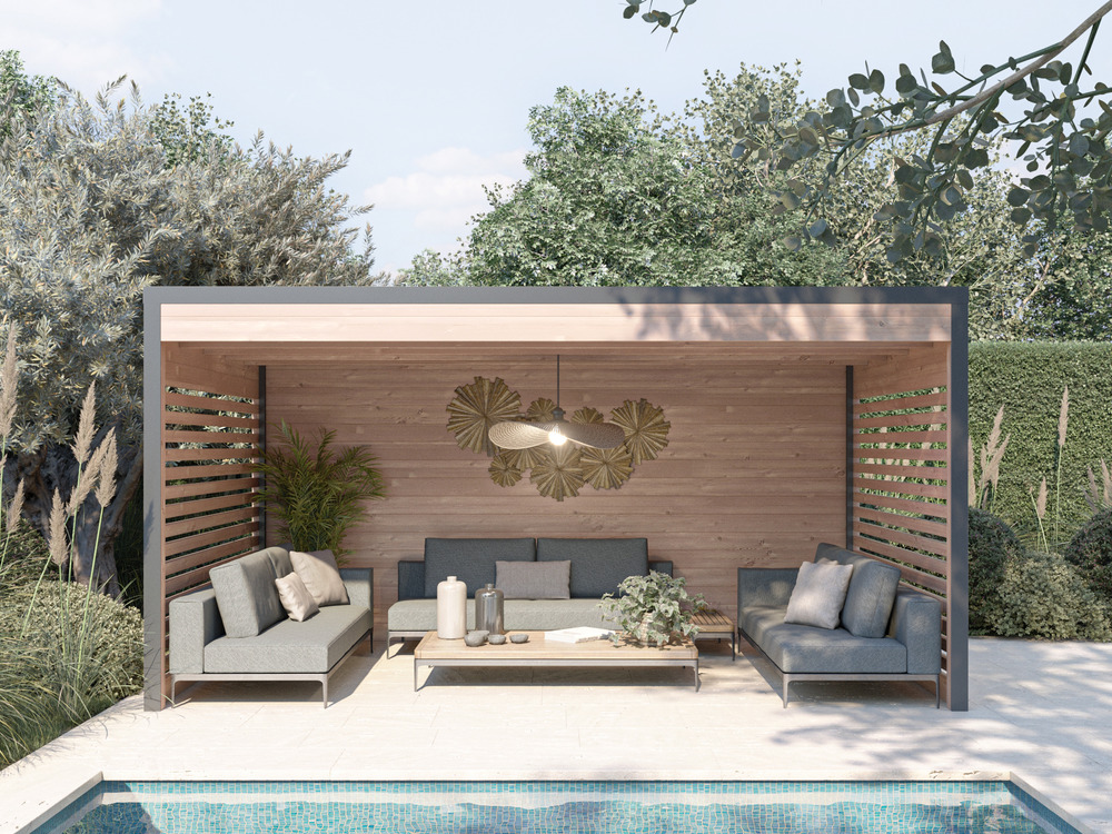 Pergola bois & Aluminum DESIGN 15m2 - Bois Douglas épaisseur 55mm - Toiture Bacacier avec voliges ss toiture