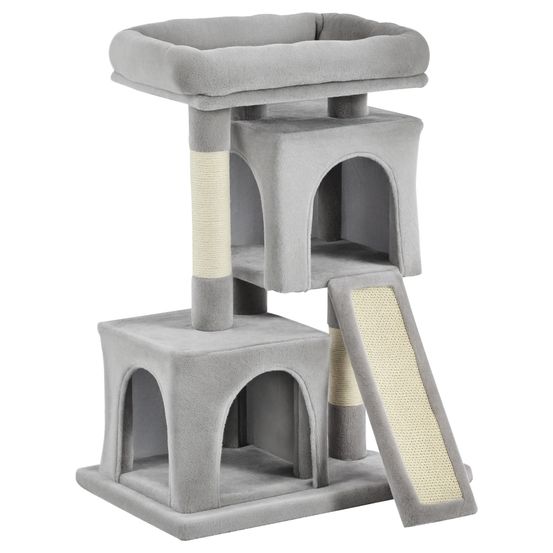 Arbre à chat peluche sisal pour chats double niche 59x39x81cm gris clair
