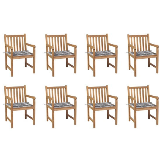 Chaises de jardin lot de 8 et coussins carreaux gris bois teck