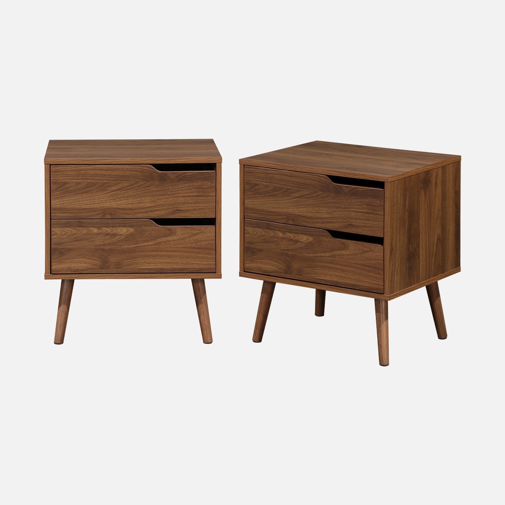 Lot de 2 tables de chevet décor bois teinté noyer, 2 tiroirs, pieds en pin massif