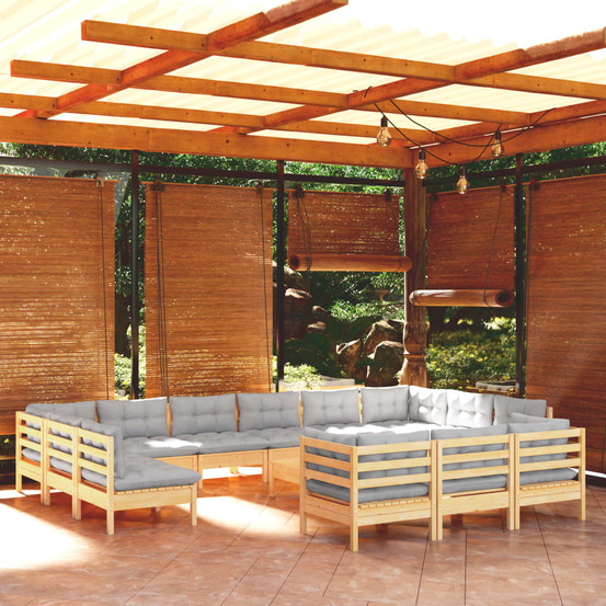 Salon de jardin 14 pcs avec coussins gris bois de pin