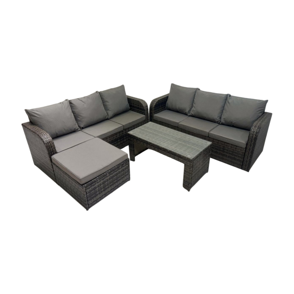 Salon de jardin avec table basse rectangulaire grand tabouret canapé 3 places gris foncé mixte