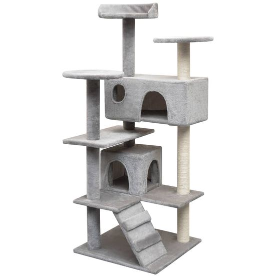 Arbre à chat multi-niveaux avec griffoirs sisal et 2 maisons gris 125 cm