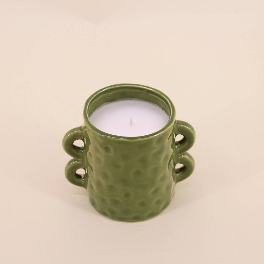 Bougie en céramique verte anses multiples 12cm