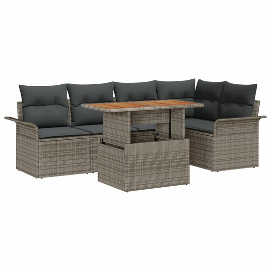 Ensemble de salle à manger de jardin 6 pièces avec coussins en poly rotin gris et acacia