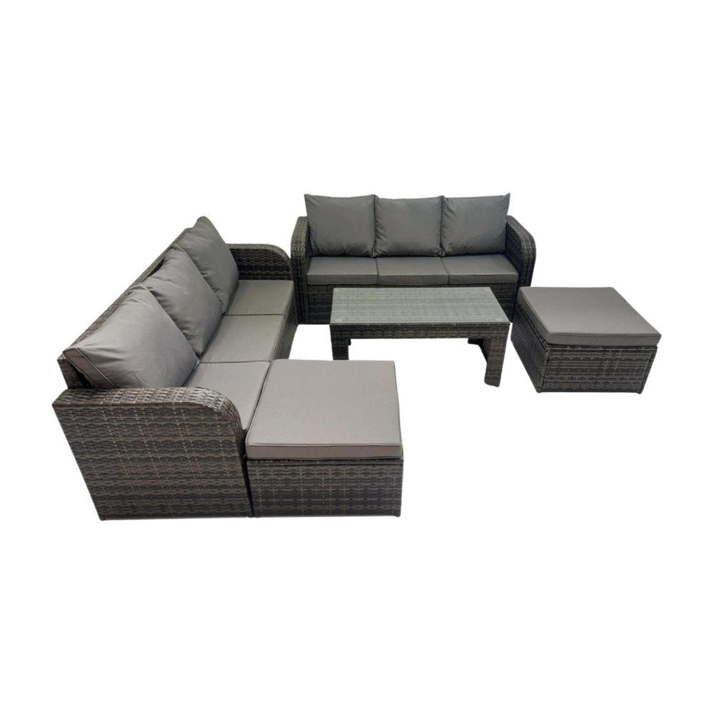 Salon de jardin avec table basse rectangulaire 2 grand tabourets canapé 3 places gris foncé mixte