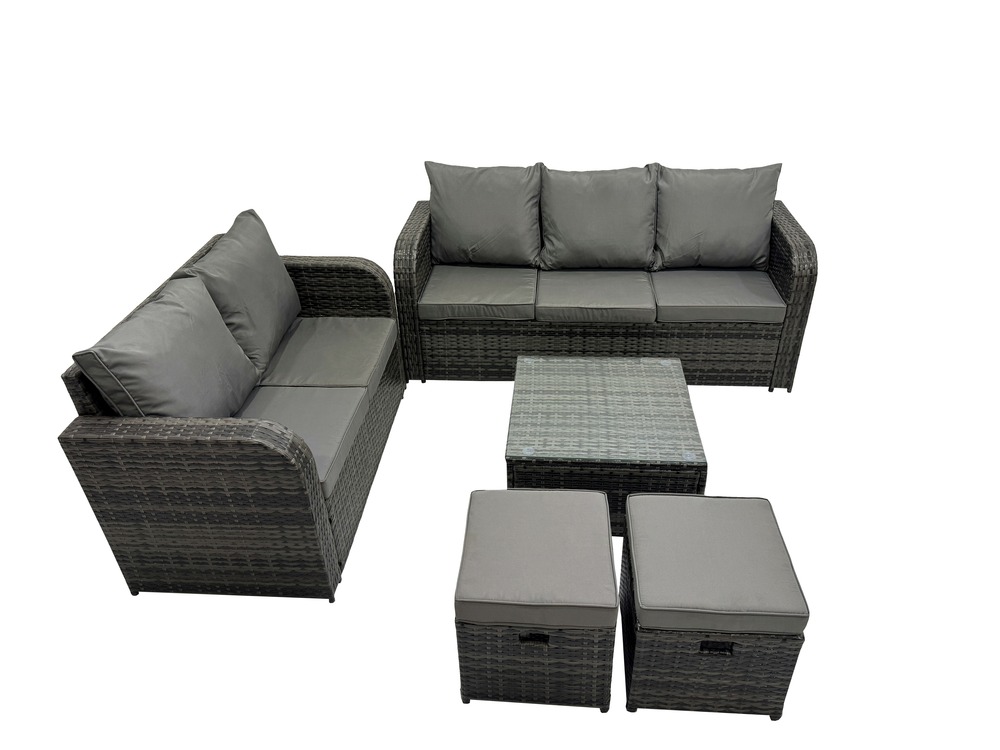 Salon de jardin 7 places ensemble de canapés en rotin table basse carrée 2 petits tabourets