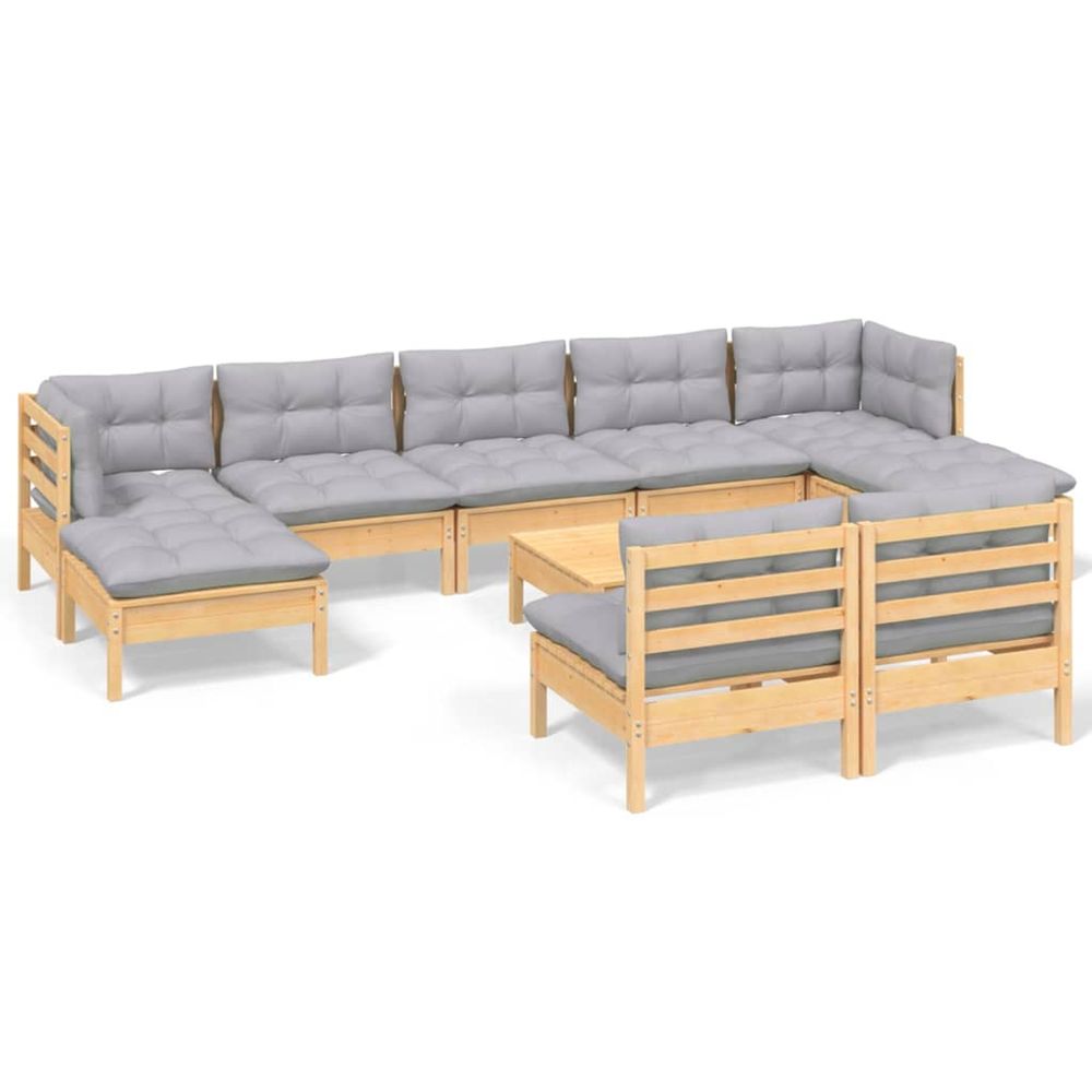 Salon de jardin 10 pcs avec coussins gris bois de pin