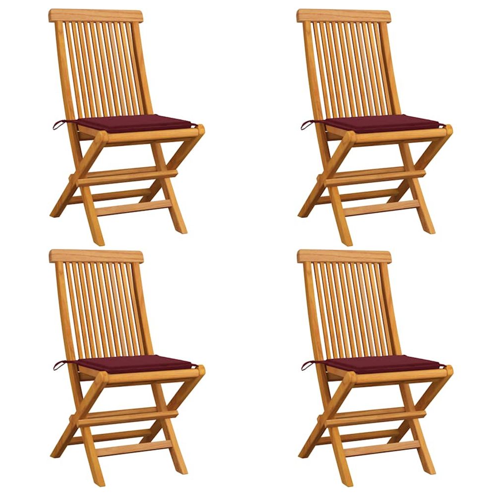 Chaises pliantes avec coussins rouge vin, 4 pièces, en bois de teck massif