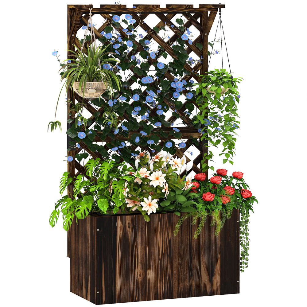 Jardinière treillis bois carbonisé extérieur avec toit suspendu 64x33x122cm