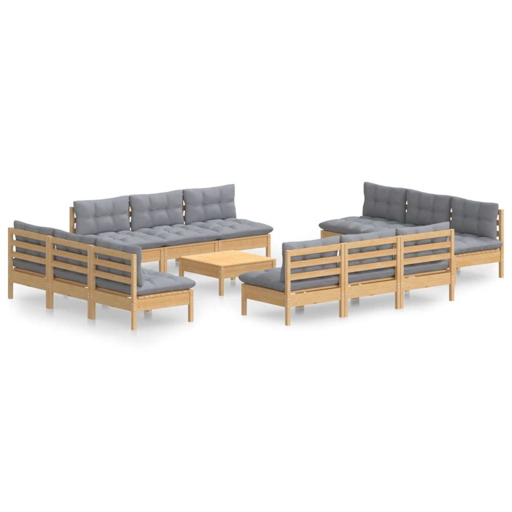 Salon de jardin 13 pcs avec coussins gris bois de pin