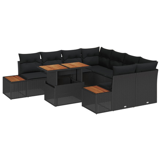 Ensemble de canapé de jardin 9 pcs noir poly rotin