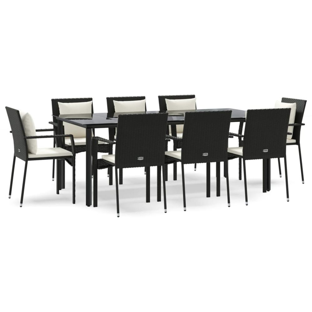 Ensemble à manger jardin 9pcs et coussins noir résine tressée
