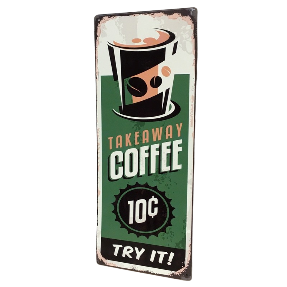 Plaque murale décorative vintage métal vert takeaway coffee 20x50cm