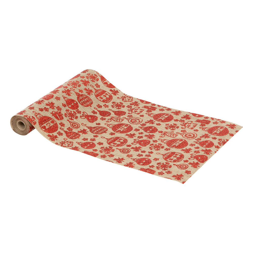 Chemin de table tissu beige avec boules de noël rouge pailleté 28 x 300 cm