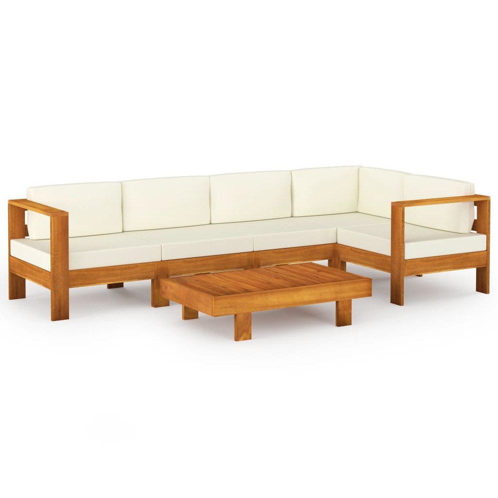 Salon de jardin meuble d'extérieur ensemble de mobilier 6 pièces avec coussins blanc crème bois d'acacia