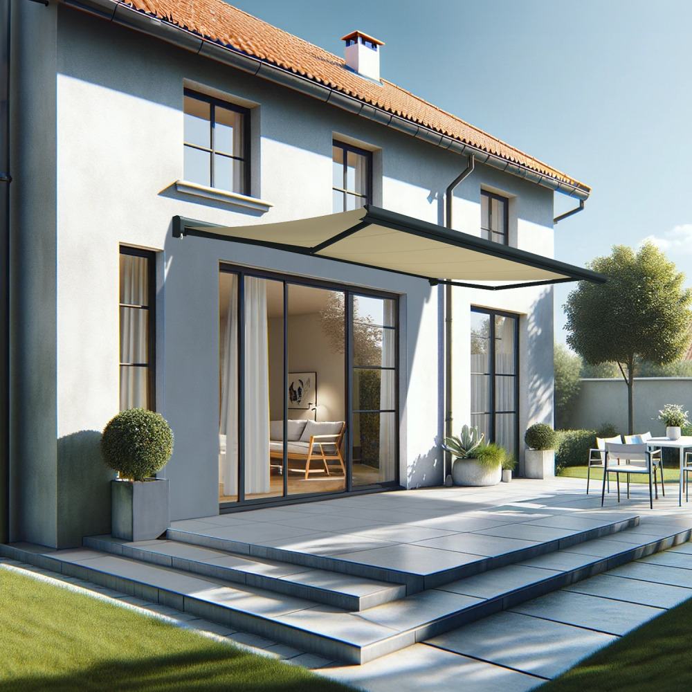 Store banne coffre intégral celeste 5,00x3,00 m (motorisé secours à télécommande - gris anthracite stucturé ral7016st - écru)