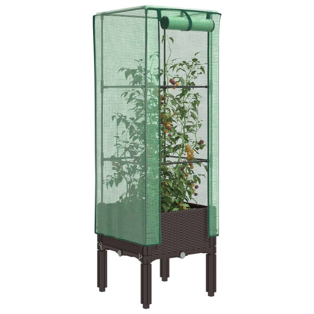 Carré potager sur pied aspect rotin avec serre pour petit balcon 40x40x140 cm marron
