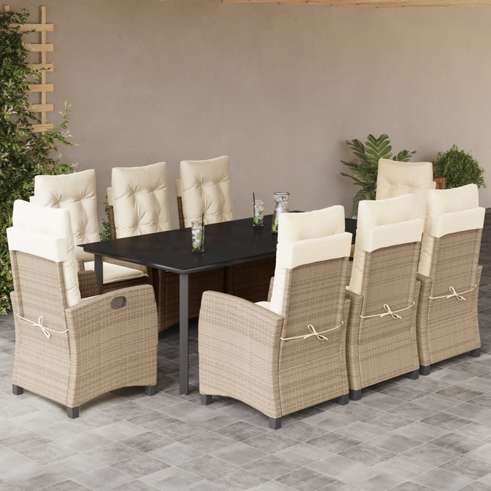 Ensemble à manger de jardin et coussins 9 pcs beige poly rotin
