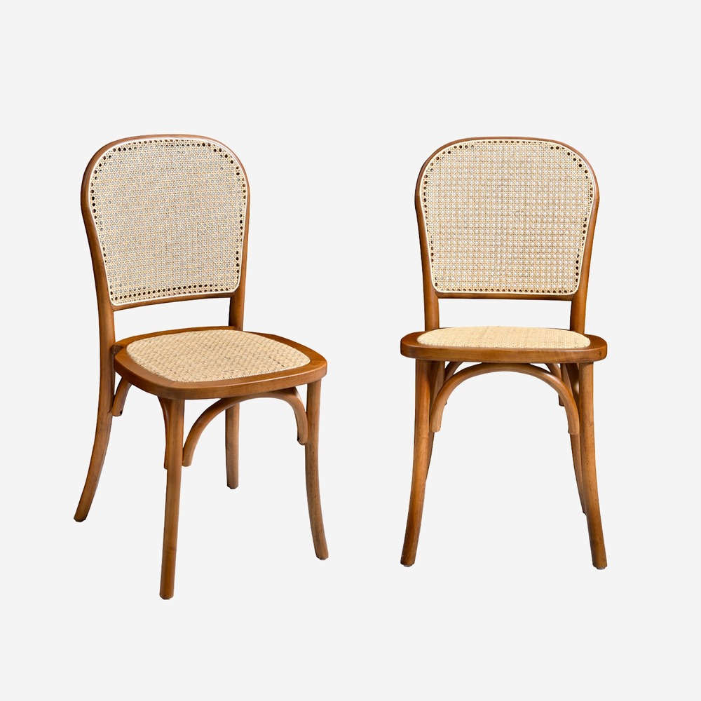 Lot de deux chaises vintage en bois avec assise et dossier en rotin