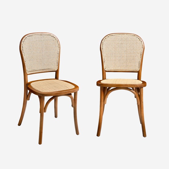 Lot de deux chaises vintage en bois avec assise et dossier en rotin