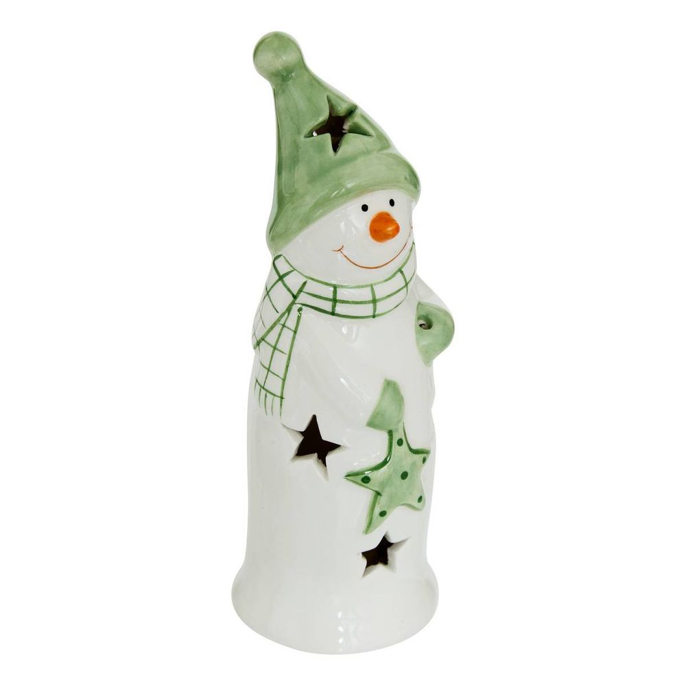 Bonhomme de neige de noël lumineux led en céramique vert h. 18 cm